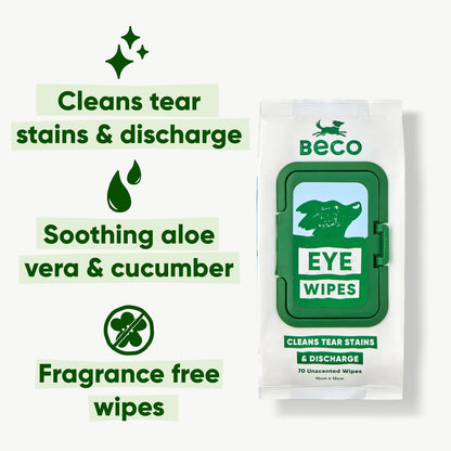 Beco Dog Eye Cleaning Bamboo Wipes, 70 Pack - Fragrance-free | Gentle & Soothing