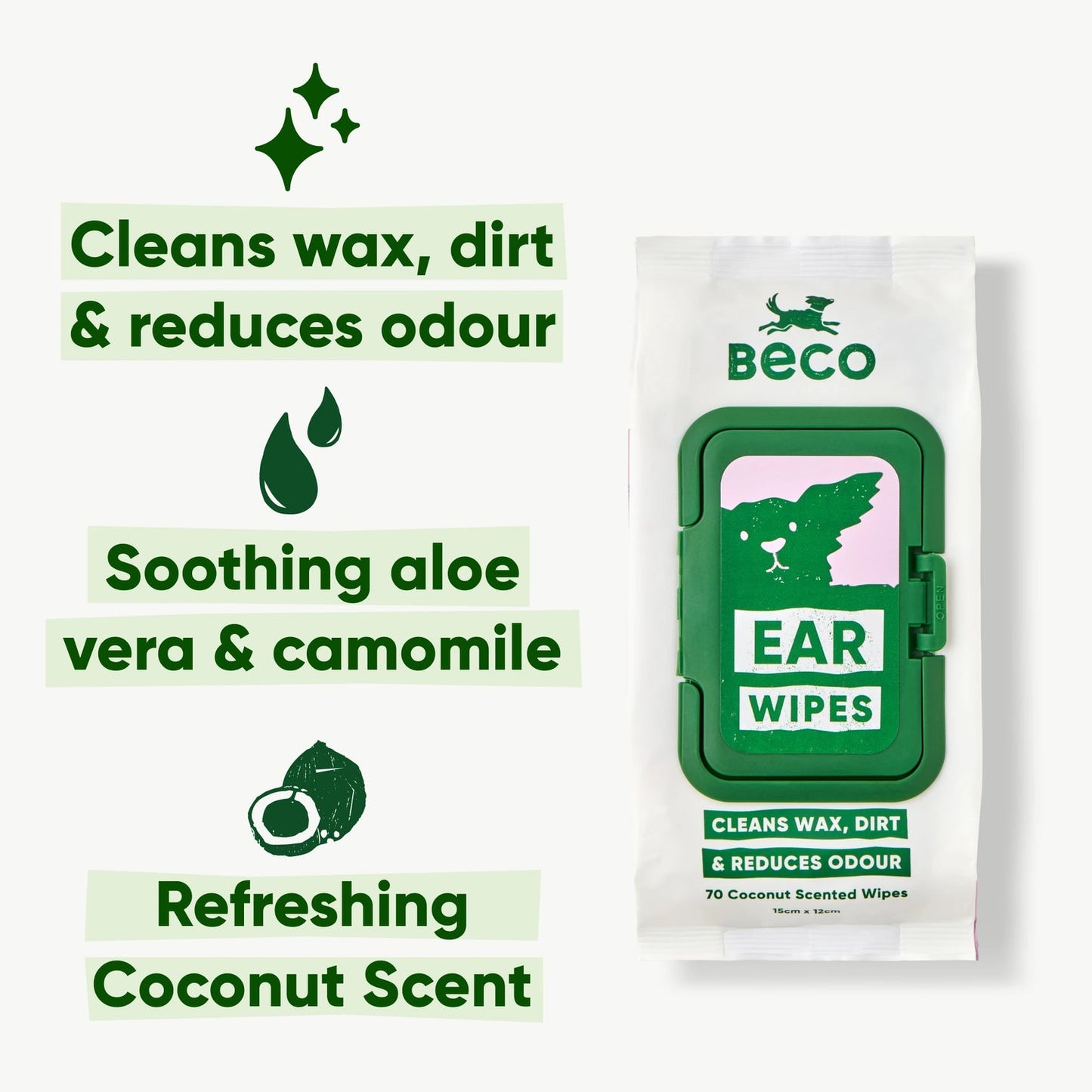 Beco Dog Ear Cleaning Bamboo Wipes, 70 Pack - Coconut-scented | Gentle & Soft